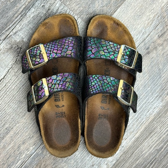 Birkenstock Shoes - BIRKENSTOCK ARIZONA BLACK SNAKESKIN IRIDESCENT MERMAID SANDALS SZ 37 NARROW 6.5